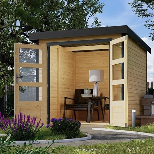 Karibu Jupiter | Abri de Jardin Hybride Bois-Métal 4,45m² | Épicéa Nordique 19mm et Acier Anthracite | Toit Trapézoïdal | Double Porte Vitrée | Serrure à Cylindre