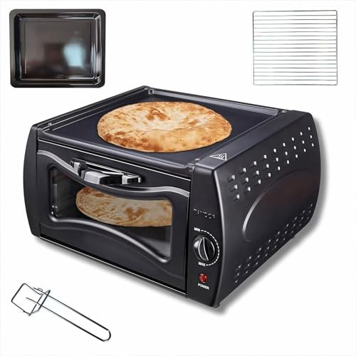 Forno per pizza elettrico 15 l – bancone cottura veloce in 10 minuti, vassoio antiaderente e finestra di visualizzazione per pizza, pane piatto