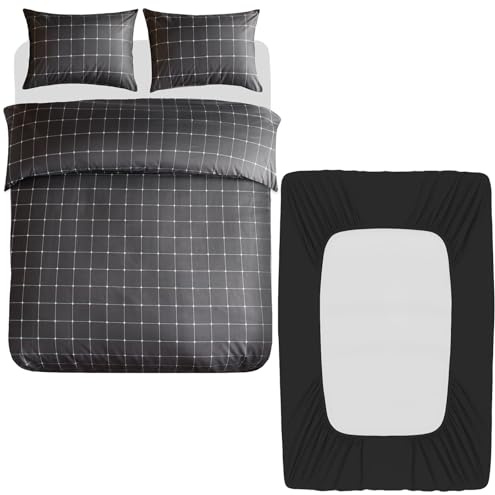 Lazzaro 4 Pcs Double Duvet Set with Matching Black Double Fitted Sheet 40 cm Extra Deep Pocket - UltraSoft Breathable Premium Microfibre Reversible Quilt Cover Bedding Set For All Seasons