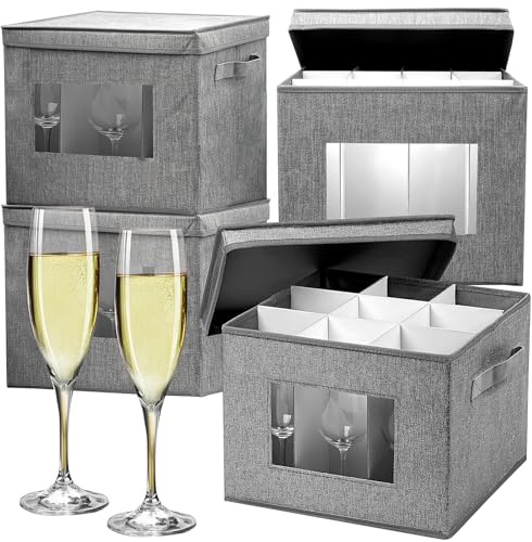 Xaztr 4 Pack Stemware Storage Cases, Wine Glass Storage Box with Dividers, 12 Compartments China Glass Organizer Storage Containers Box Mug Cup Storage with Lid & Handle for Moving, Grey