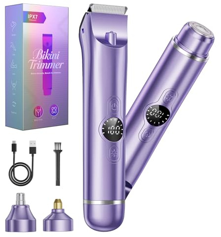 Bikini Trimmer Women, 4 in 1 Electric Shaver for Women, Face & Body Hair Remover, Bikini Line & Pubic Hair, Waterproof Wet & Dry, LED Light, Smart Display, USB-C Rechargeable