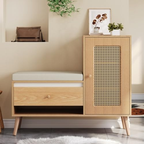 Merax Schuhschrank mit Sitzbank, Rattan Schuhbank mit Sitzfläche, Schuhregal mit Sitzbank und Stauraum, Eingangsschrank mit Schubladen und verstellbaren Ablagen, Garderobenbank mit Schuhaufbewahrung