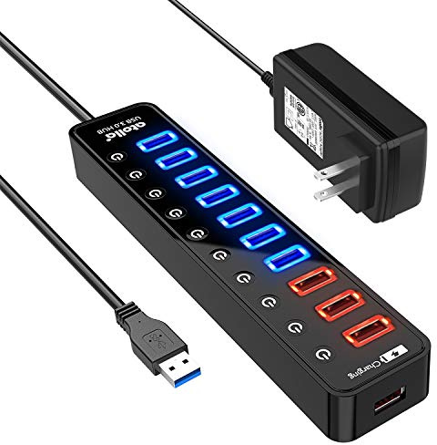 Powered USB 3.0 Hub, USB 3.0 Data Hub 11 Ports - 7 USB 3.0 Data Ports + 4 Smart Charging Port with Individual On/Off Switches and 12V/4A Power Adapter USB Hub 3.0 Splitter