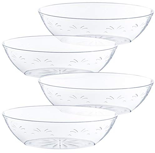 PLASTICPRO Disposable Oval Serving Bowls, Party Snack or Salad Bowl, 64-Ounce, Plastic Crystal Clear Pack of 4