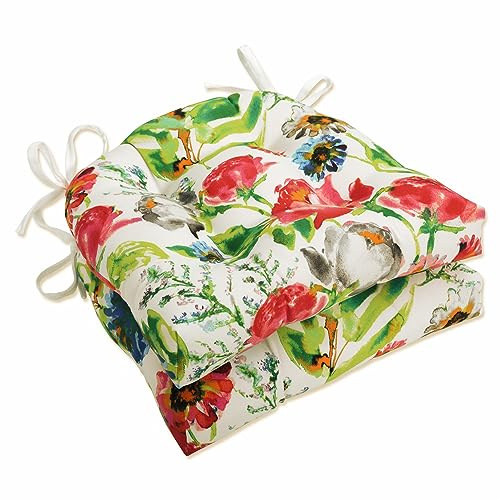 Pillow Perfect Bright Floral Indoor/Outdoor Chairpad with Ties, Reversible, Tufted, Weather, and Fade Resistant, 15.5 x 16, Pink/Blue Flower Mania, 2 Count