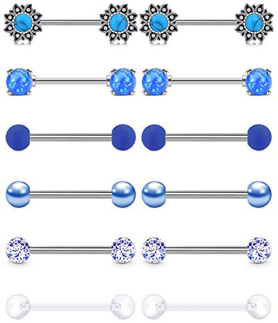AceFun 6 Paires Piercing Téton Langue Anneaux Mamelon Anneaux Barbell en Acier Chirurgical 14G Langue Téton Retainers Piercing Barres Femmes Hommes Piercing Bijoux