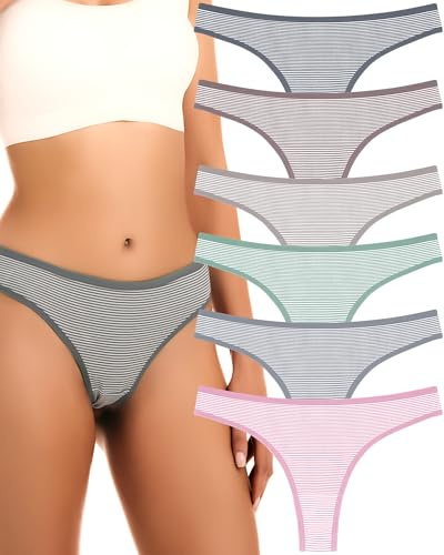 ANZERMIX Women's Breathable Cotton Thong Panties Pack of 6 (6-pack Vintage Stripe, X-Large)