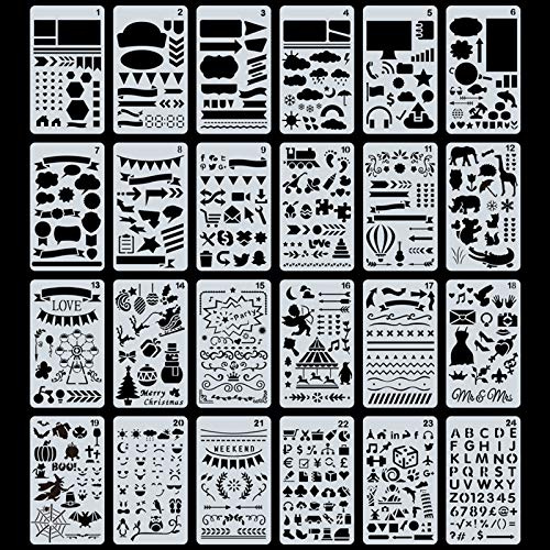 Gullor 24-teiliges Kunststoff-Zeichenschablonen-Set für Kinder, DIY-Scrapbook, Malerei, Handwerk, Bullet Journal (17,8 x 10,2 cm)