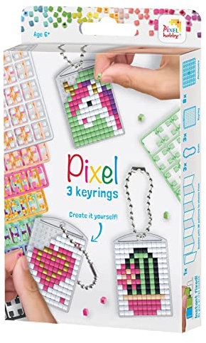 Pixel - Kreativt kit 3 nyckelringar + häfte 38 modeller-Girly, PX20131 Från 8 år gammal