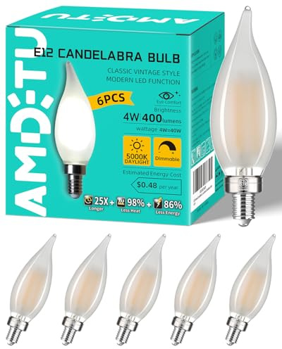 AMDTU E12 Type C 5000k Bright 40 Watt Equivalent Frosted LED Bulb Candelabra Candle Dimmable Small Base Chandelier Light Ideal for Dining Rooms Living Rooms and bedrooms Long Lasting Light