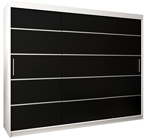 MEBLE KRYSPOL Schwebetürenschrank Verona 1 250 cm Kleiderschrank mit Kleiderstange und Einlegeboden Schlafzimmer- Wohnzimmerschrank Schiebetüren Modern Design (Schubladen: 0, Weiß + Schwarz)