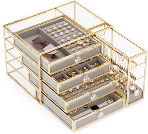 Youdepot Jewelry organizer box-Tempered Glass 5-Drawer jewelry boxes for women, Large Jewelry Boxes & Organizers With Velvet Necklaces Earring Organizer.