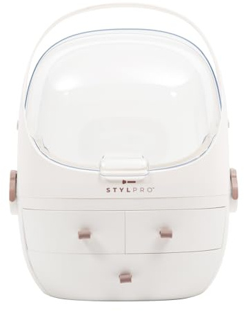 STYLPRO Skönhetsförvaringspedel, kosmetika och hudvårdsarrangör med 3 lådor, avtagbart lock, dammtätt skydd och resehandtag för byrå, sovrum, badrum och hemorganisation, vit 31 x 27 x 40 cm