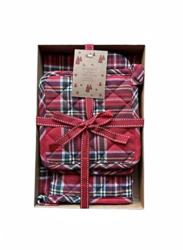 Set Cucina Natalizio 1 Guanto Forno 1 Presina Tartan Scozzese 100% Cotone Tinto filo (Fondo Rosso)