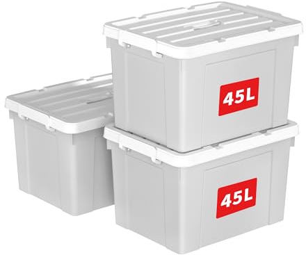Cetomo 45L*3 Caja de Almacenamiento con Asa, Caja de Plástico con Tapa y Cierre Seguro, Contenedor de Almacenamiento Grande, Duradera, Apilable, Resistentes, Gris, Paquete de 3 de 45L