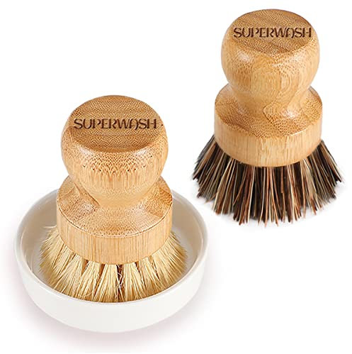 SUPERWASH PLUS Bamboo Dish Brush with Ceramic Dish, Natural Bristle Palm Brush Pot Scrubber for Cast Iron Pans Vegetables and Kitchen Sink Cleaning - 2 Pack