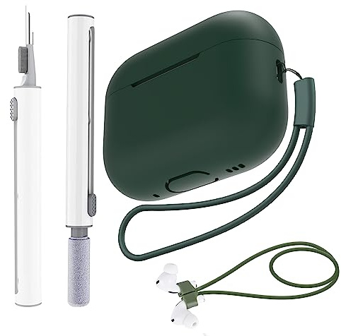 Fhtase Étui pour AirPods Pro 2 2022 avec kit de nettoyage et sangles anti-perte pour AirPods, coque en silicone souple avec cordon (vert olive)