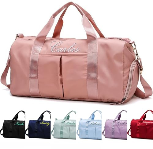 Personalisierte Fitnesstasche mit gesticktem Namen, Yogatasche, Reisetasche, Sporttasche, Mädchenreisetasche mit Nass- und Trockentrennschicht und separatem Schuhfach Rosa