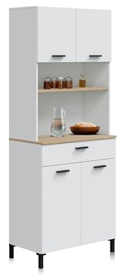 duehome | Nitza, Alacena de Cocina con 4 Puertas y 1 Cajon, Mueble Auxiliar, Acabado en Blanco Artik y Natur, Medidas: 72 cm (Largo) x 185 cm (Alto) x 40 cm (Fondo)