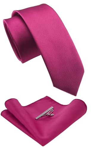 JEMYGINS Schmale Herren Krawatte und Einstecktuch krawattenklammer Set 6cm Wunderschönes Rosa