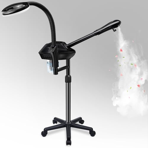 Fuehomue Professional Facial Steamer, 2-in-1 with 5X Magnifying Lamp, Ozone, Adjustable Height, Black, Facial Steamer, Spa & Home Use