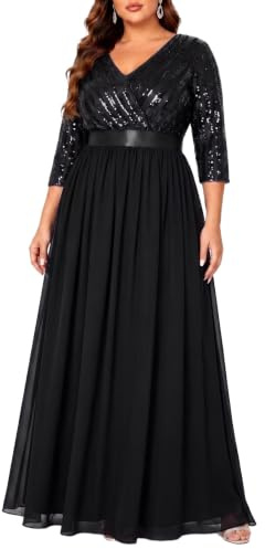 Talisea Damenkleid, Übergröße, V-Ausschnitt, 3/4-Ärmel, Pailletten, Abschlussball, Abendkleid, langes Maxikleid