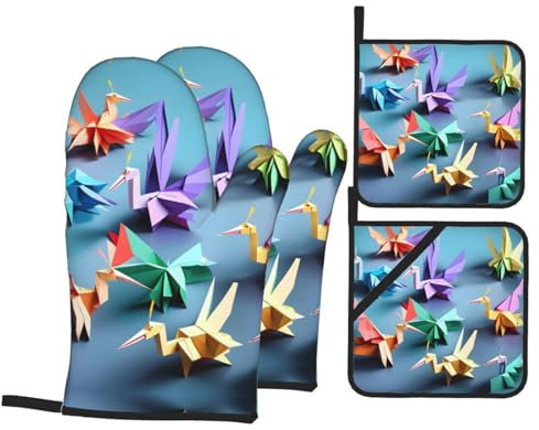 4 Pezzi Presine E Guanti Da Forno Origami Multicolor Papercraft Print Guanti Da Forno Resistenti Guanti Da Cucina Divertenti Guanti Barbecue Per Grill, Bbq, Cucina