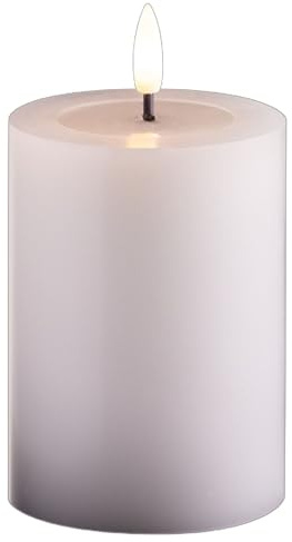 Kleine LED Stumpenkerze mit Timer weiß 7,5cm ø, 10cm H, Echtwachspiegel ON/OFF-Timer 6H, 2 AA Batterien nötig LED Echtwachskerze mit Flackereffekt flammenlose Stumpenkerze LED Kerze schmal und klein
