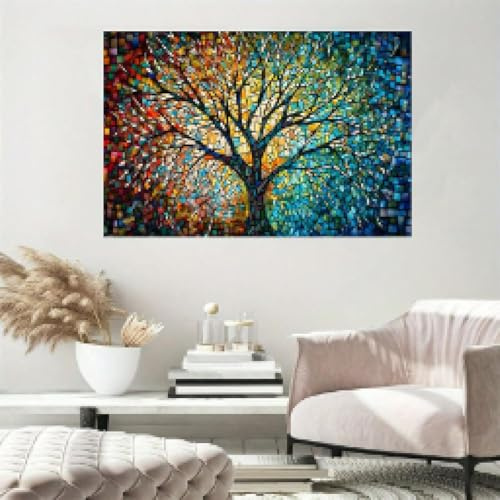 Zhadongli Art Albero della vita, arte murale su tela, motivo moderno a foglia, paesaggio, tela dipinta, poster, soggiorno, sala da pranzo, decorazione 80x120 cm (31x47 pollici) con cornice