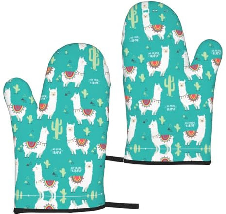 Süße weiße Lama- und Kaktus-Mikrowellen-Handschuhe, Ofenhandschuhe, dicke Baumwollfutter, schützt die Hände, Kochhandschuhe