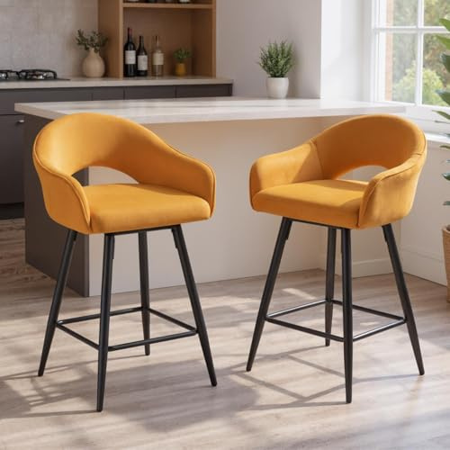 Ya-Home Set di 2 Sgabelli da Bar in Velluto Sgabelli Cucina Sgabelli Alti Moderni Sedia da Bar Girevoli con Braccioli Sedia Alta Sedie Imbottiti per Cucina Bancone, Giallo