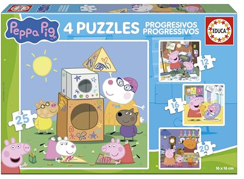 Educa - Kinderpuzzle Peppa Pig | 4in1 Puzzleset 12/16/20/25 Teile | Peppa Wutz, Progressives Puzzle | ab 3 Jahren (20326)