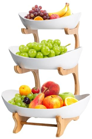 Expositor de frutas de 3 pisos con bandeja de fruta, cesta de frutas de varios pisos para cocina, soporte moderno de madera, soporte para tartas de frutas y cesta de almacenamiento para encimera