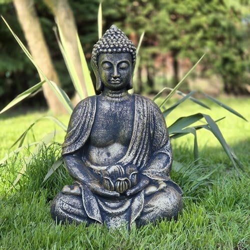 FABRIQ Grande statue de Bouddha en pierre, 40 cm, peinte à la main en gris ou or, résistante au gel jusqu'à -30 °C, idéale pour le jardin, la méditation, la décoration intérieure et extérieure (Full