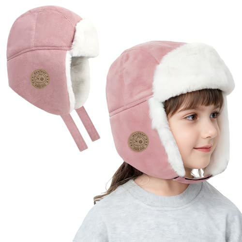 TAGVO Kinder Trapper-Mütze mit Ohrklappen – Thermoskappe aus Kunstleder und Fleece für Jungen & Mädchen, Winddichte Skihaube 4-10 Jahre