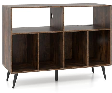 RELAX4LIFE Supporto per Giradischi, Porta Vinili con 6 Scomparti Aperti, Espositore in Legno per Dischi, Mobiletto Multiuso per Ufficio, Studio, Camera da Letto (Industrialen, con Presa)
