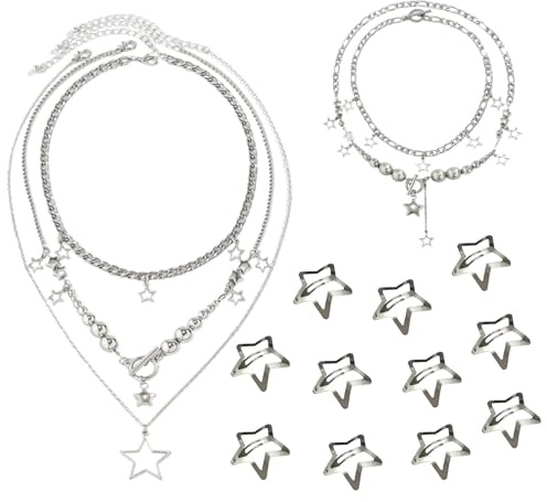 XDGBGFN Y2K Grunge Schmuckset Gothic Accessoires Silberner Stern Emo Schmuck mit Armband Haarnadel für Damen, Cosplay, Party, Coole Geschenk
