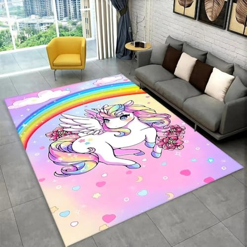 PEIHUODAN Mädchen Zimmer Teppich - Kuschelweicher Flanell mit Einhorn-Druck - Anti-Rutsch Rücken für Kinderzimmer - Rosa Dekoration für Mädchenzimmer (Farbe 4,140x200cm)