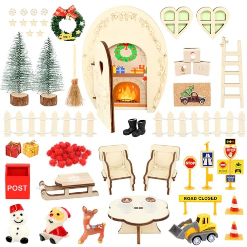 Wichteltür Set 71 PCS, Wichtel Zubehör Weihnachten, mit Wichtelbriefe, Baustelle, Adventsakelnder, magischer Tür, Schilder und mehr Zubehör für die Adventszeit, DIY-Dekoration für Weihnachten
