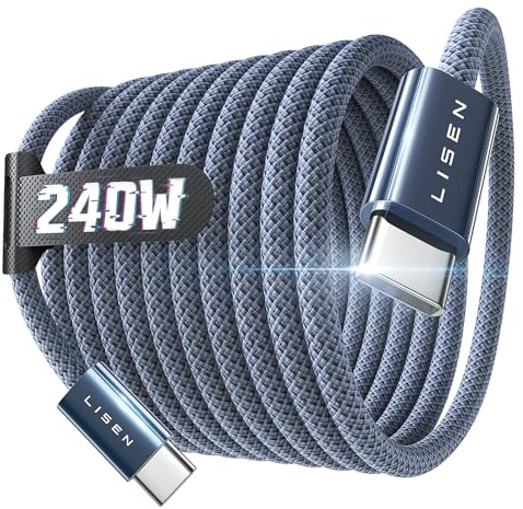 LISEN 240W Cable USB C Charge Rapide, 3m PD 5A Cable USB C vers USB C Câble | Chargeur USBC Nylon Tressé pour iPhone 17 16 Samsung S25 Ultra iPad Air MacBook Pro Google Pixel 9 Xiaomi, Couleur de minuit