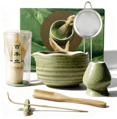 Matcha set – Matcha Kit de 6 piezas, incluye batidor de matcha, colador de acero inoxidable, cuenco para matcha, 2 cucharas de matcha y soporte de cerámica. Ideal para los amantes del matcha