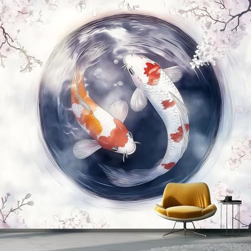 Photo Wallpaper Traditional Koi - Grey Wall Murals for Living Room Bedroom Children's Room Decor 400 x 280 cm (W x H), Non-Woven Kids' Photo Mural Wall Art for Hallway