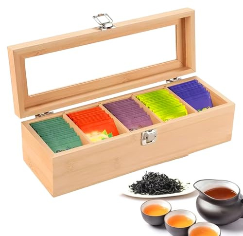 Caja de almacenamiento de té, organizador transparente, sistema divisor multisección, fácil clasificación, organizador de paquetes de té para armarios, cajones de despensa, almacenamiento de estación