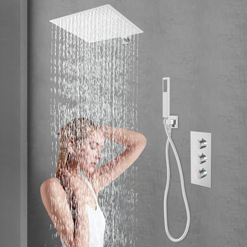 Set doccia a incasso, 40 cm, termostatico a pioggia e doccetta, set doccia con acqua calda e fredda, 38 °C, fermata di sicurezza, G ½ pollici, montaggio a parete, colore: argento