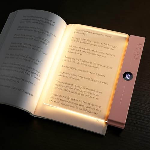 Flat Book Light, Rechargeable Clear LED Smart Reading Light with 3 Colors & Timer, Dimmable Full Page Panel Plate Lamp, Eye Protection, Portable Flat Reading Light for Bedside, Travel, Study (Pink)