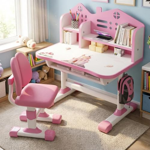 Iryreafer Kinder-Schreibtisch und Stuhl Set, Rosa Kinderschreibtisch Höhenverstellbar mit Buchständer, 3-12 Jahre, Schublade und Cartoon-Muster, Ergonomisches Design, Metall und Platte