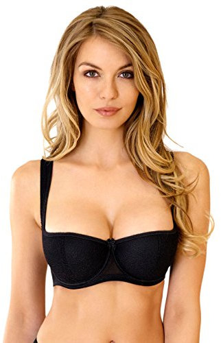 Rosme Women's Balconette Bra with Push Up Effect – Plus Size Sexy Lace Demi Half Cup Bra – Lightly Padded Underwired Low Cut Mesh Design Grand, Black, Size 38B