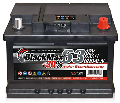 BlackMax Autobatterie 12V 63Ah 600A EN Starterbatterie | Wartungsfreie Batterie für PKW ersetzt 60Ah 61Ah 62Ah