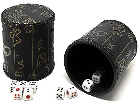 Asian Home Thy Collectibles Würfelbecher mit 5 Würfeln, PU-Leder, professionelles Würfel-Shaker-Set für Yahtzee/Craps/Backgammon oder andere Würfelspiele, chinesisches Kalligraphie-Design, 2 Stück