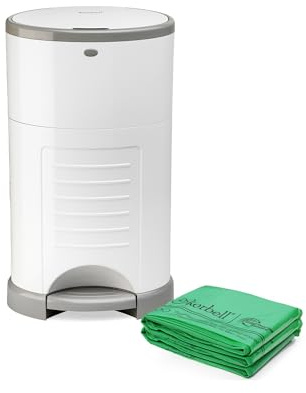 Korbell Classic Nappy Bin & Disposable Liner Bundle Lasting Up to 10 months | 44 weeks Hygienic, Odour Free & Hands Free | Includes 4 Packs of Biodegradable Liners | Pure White